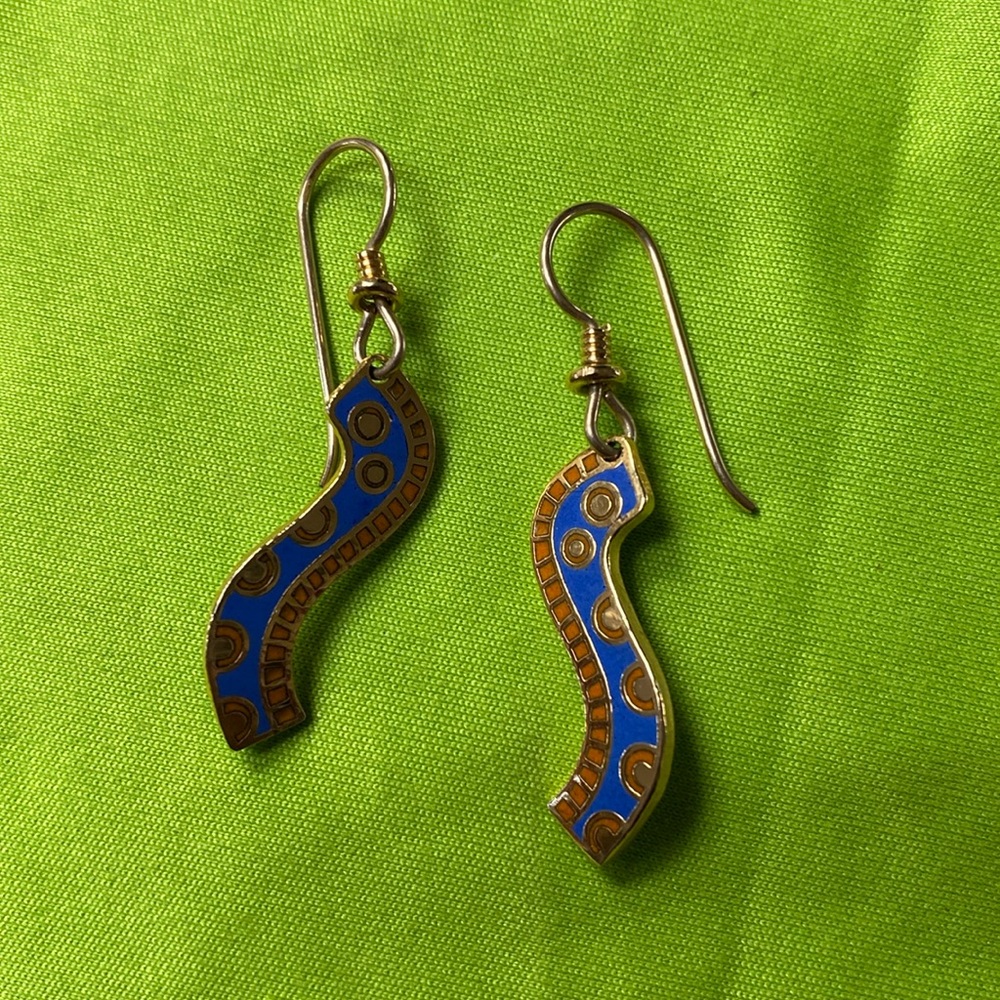 Laurel Burch Periwinkle Enamel and Gold Dangle Earrings - Picture 2 of 4